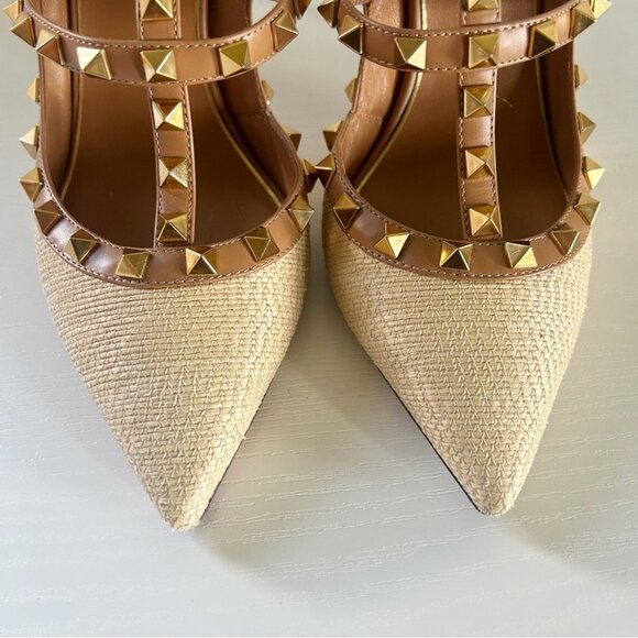 Valentino Garavani Rockstud Brown Leather Raffia Strappy Caged Heels - Picture 8 of 13